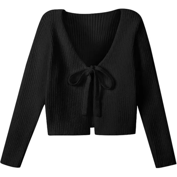 Mebius Girls Long Sleeve Cropped Cardigan Sweater Kids Ribbed Knit V Neck Tie Front Bolero Shrug Top School CasualBlack