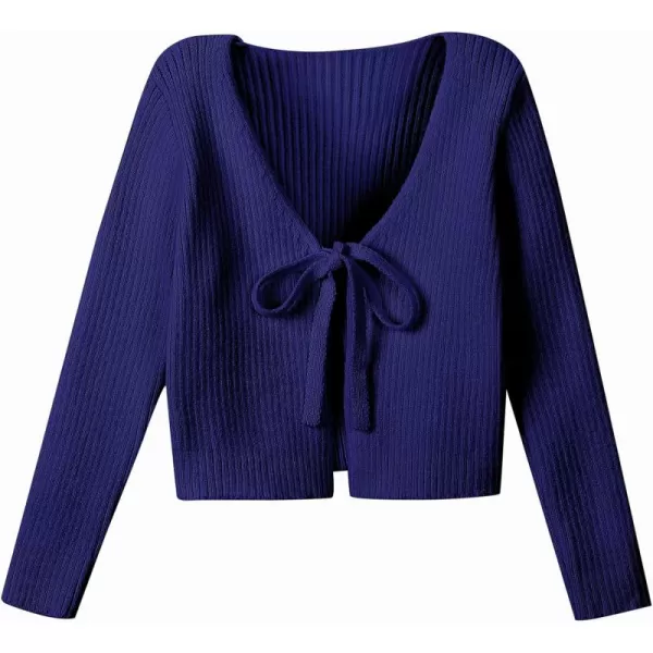 Mebius Girls Long Sleeve Cropped Cardigan Sweater Kids Ribbed Knit V Neck Tie Front Bolero Shrug Top School CasualBlue