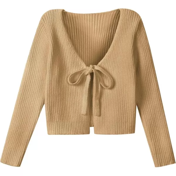 Mebius Girls Long Sleeve Cropped Cardigan Sweater Kids Ribbed Knit V Neck Tie Front Bolero Shrug Top School CasualBrown
