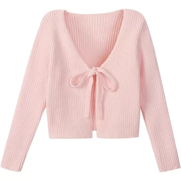 Mebius Girls Long Sleeve Cropped Cardigan Sweater Kids Ribbed Knit V Neck Tie Front Bolero Shrug Top School CasualPink