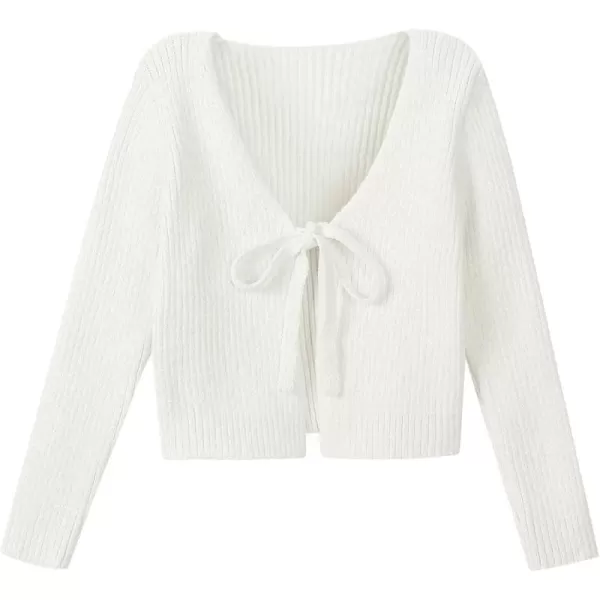 Mebius Girls Long Sleeve Cropped Cardigan Sweater Kids Ribbed Knit V Neck Tie Front Bolero Shrug Top School CasualWhite