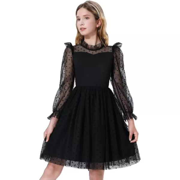 Mebius Girls Mesh Puff Sleeve Sweetheart Neck High Waist Flowy A Line Dress Party Special Occasion 612YBlack Dotl