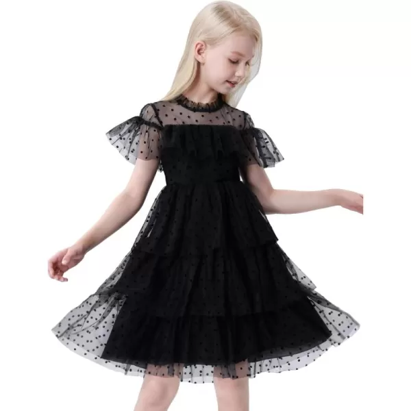 Mebius Girls Mesh Puff Sleeve Sweetheart Neck High Waist Flowy A Line Dress Party Special Occasion 612YBlack Dots