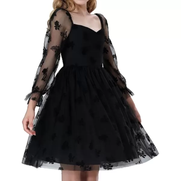 Mebius Girls Mesh Puff Sleeve Sweetheart Neck High Waist Flowy A Line Dress Party Special Occasion 612YBlack Flowerl