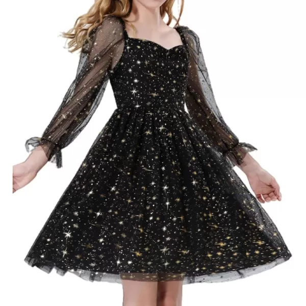 Mebius Girls Mesh Puff Sleeve Sweetheart Neck High Waist Flowy A Line Dress Party Special Occasion 612YBlack Starl