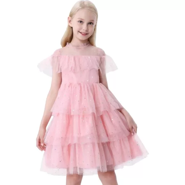 Mebius Girls Mesh Puff Sleeve Sweetheart Neck High Waist Flowy A Line Dress Party Special Occasion 612YPink