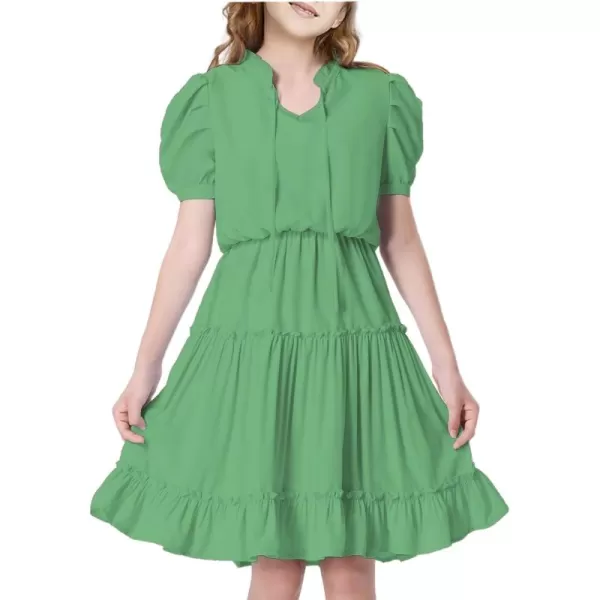 Mebius Girls Puff Short Sleeve Tie Front V Neck Elastic Waist Boho ALine Dress Tiered Dresses for Casual School Preppy 612YGreen