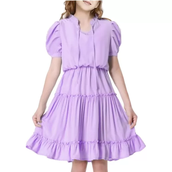 Mebius Girls Puff Short Sleeve Tie Front V Neck Elastic Waist Boho ALine Dress Tiered Dresses for Casual School Preppy 612YPurple