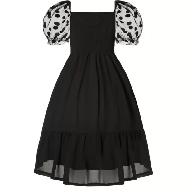 Mebius Girls Puff Sleeve Party Dress Polka Dots Mesh Square Neck Smocked Flowy A Line Ruffle Black Dresses for CasualBlack Dot Pattern As
