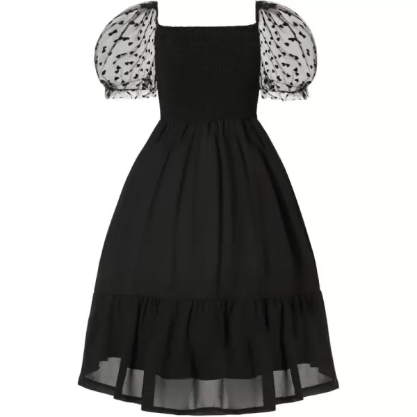 Mebius Girls Puff Sleeve Party Dress Polka Dots Mesh Square Neck Smocked Flowy A Line Ruffle Black Dresses for CasualBlack Hearts