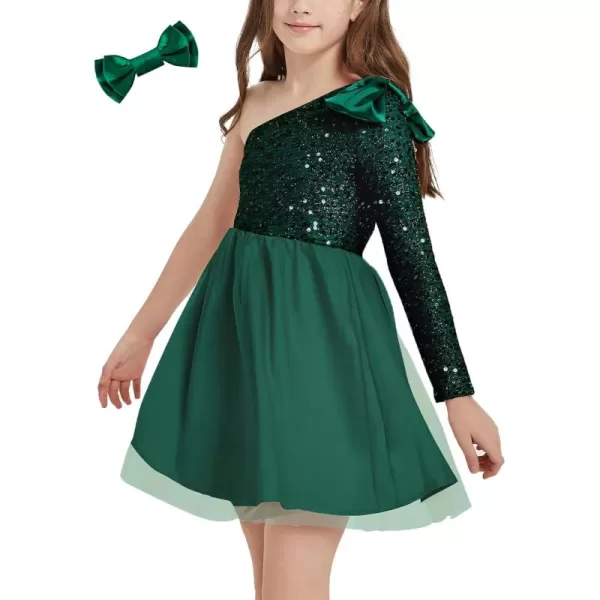 Mebius Girls Sequin Tulle Dress One Shoulder Party Sparkly Kids Special Occasion Sparkle Birthday BowGreen