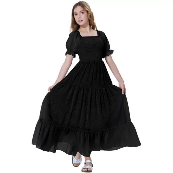Mebius Girls Square Neck Short Sleeve Long Maxi Dress Smocked Summer Casual Aline Flowy Dress Swiss Dots for 612 YearsBlack