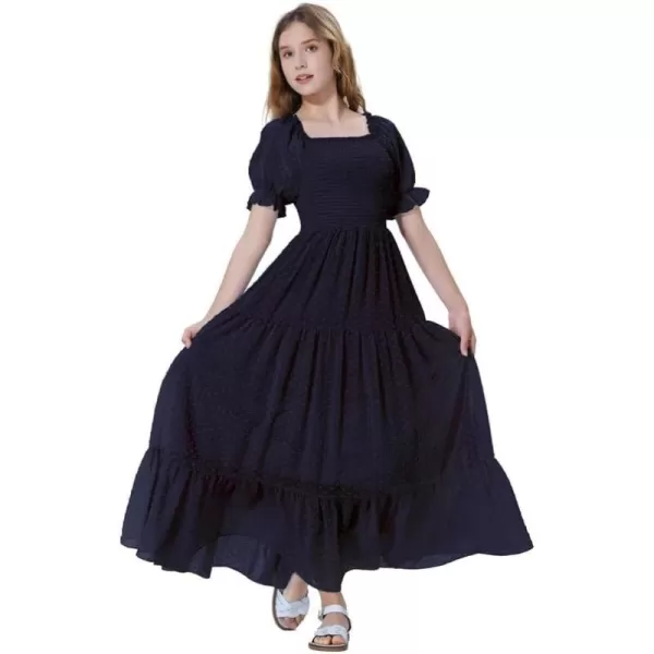 Mebius Girls Square Neck Short Sleeve Long Maxi Dress Smocked Summer Casual Aline Flowy Dress Swiss Dots for 612 YearsDark Blue