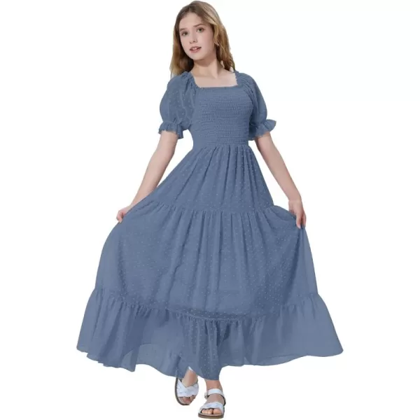 Mebius Girls Square Neck Short Sleeve Long Maxi Dress Smocked Summer Casual Aline Flowy Dress Swiss Dots for 612 YearsGrey Blue