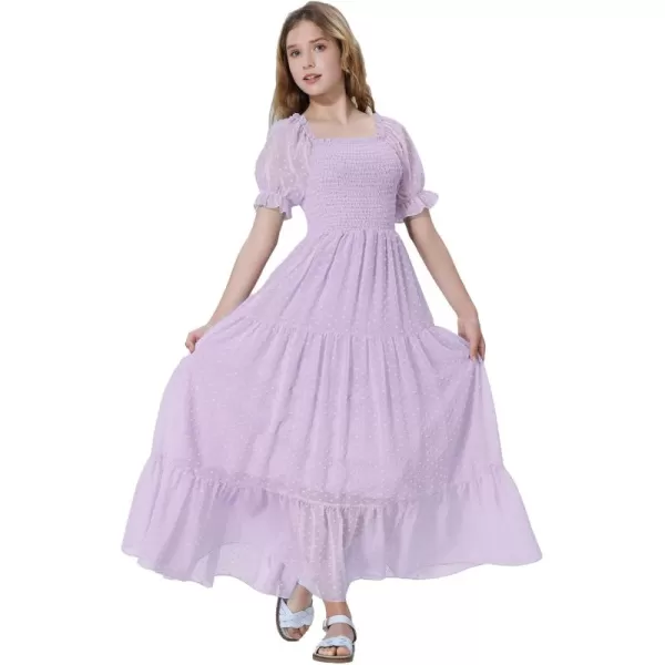 Mebius Girls Square Neck Short Sleeve Long Maxi Dress Smocked Summer Casual Aline Flowy Dress Swiss Dots for 612 YearsLavender
