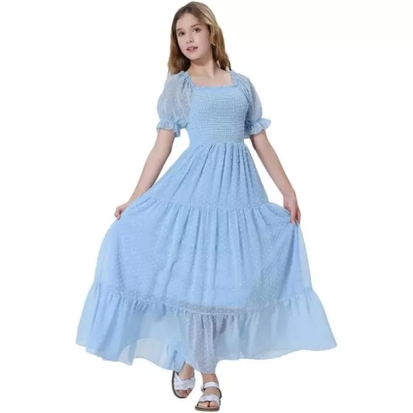Mebius Girls Square Neck Short Sleeve Long Maxi Dress Smocked Summer Casual Aline Flowy Dress Swiss Dots for 612 YearsLight Blue