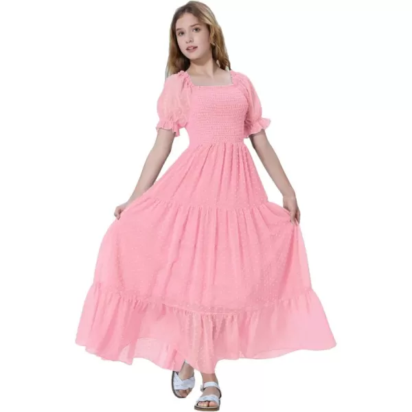 Mebius Girls Square Neck Short Sleeve Long Maxi Dress Smocked Summer Casual Aline Flowy Dress Swiss Dots for 612 YearsLight Pink