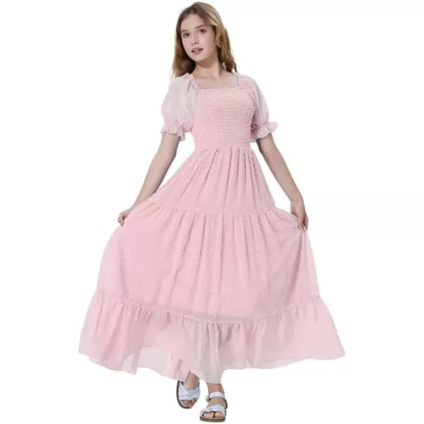 Mebius Girls Square Neck Short Sleeve Long Maxi Dress Smocked Summer Casual Aline Flowy Dress Swiss Dots for 612 YearsPink