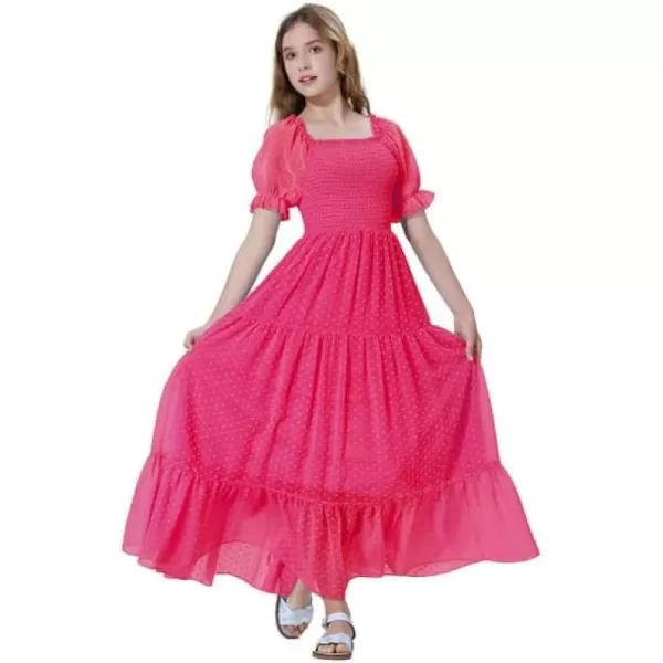 Mebius Girls Square Neck Short Sleeve Long Maxi Dress Smocked Summer Casual Aline Flowy Dress Swiss Dots for 612 YearsRose Red