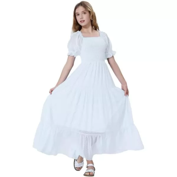 Mebius Girls Square Neck Short Sleeve Long Maxi Dress Smocked Summer Casual Aline Flowy Dress Swiss Dots for 612 YearsWhite