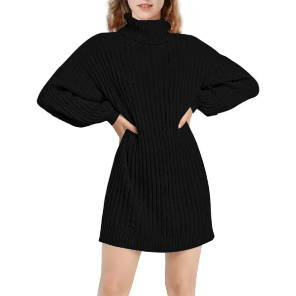 Mebius Girls Sweater Dress Turtleneck Lantern Long Sleeve Loose Fall Winter Christmas Casual Knit Ribbed DressBlack