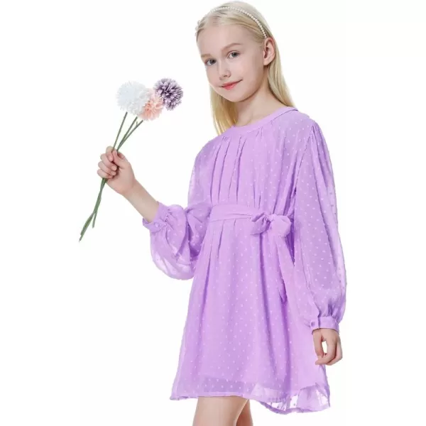 Mebius Girls Swiss Dot Long Sleeve Flowy Dresses Chiffon Mesh Aline Belted Dress for 612 YearsPurple