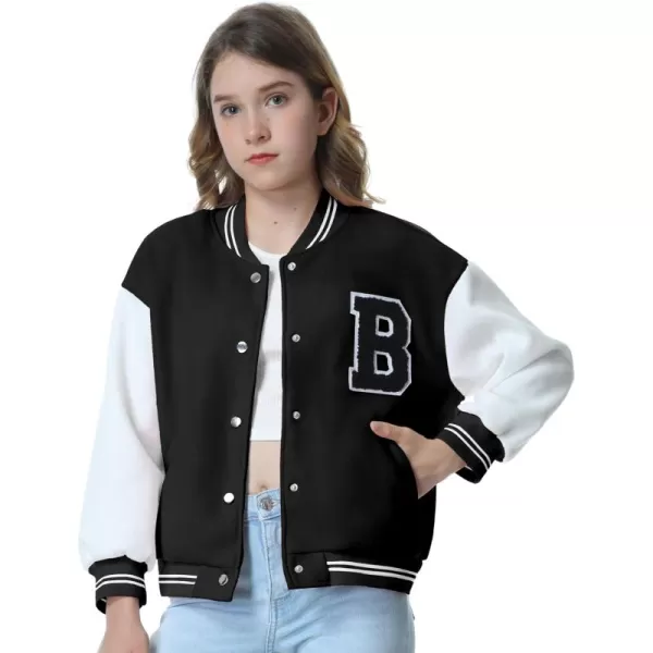 Mebius Girls Varsity Jacket Kids LeatherTweed Letterman Baseball Outerwear Stripe Trim Contrast Sleeve School CoatsAblack