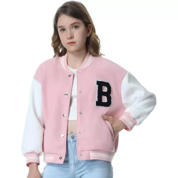 Mebius Girls Varsity Jacket Kids LeatherTweed Letterman Baseball Outerwear Stripe Trim Contrast Sleeve School CoatsApink