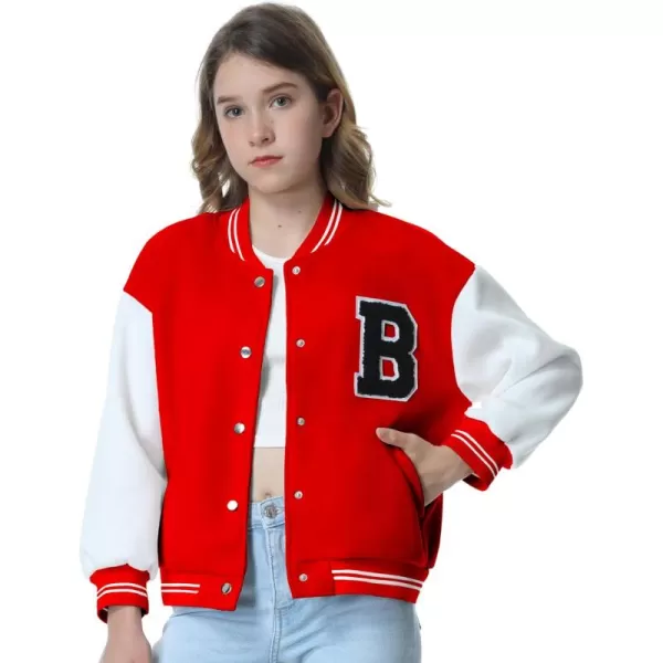 Mebius Girls Varsity Jacket Kids LeatherTweed Letterman Baseball Outerwear Stripe Trim Contrast Sleeve School CoatsAred
