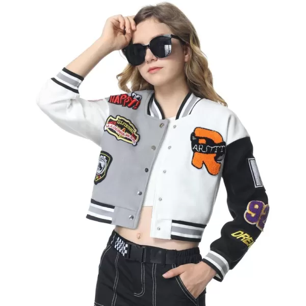 Mebius Girls Varsity Jacket Kids LeatherTweed Letterman Baseball Outerwear Stripe Trim Contrast Sleeve School CoatsBblack