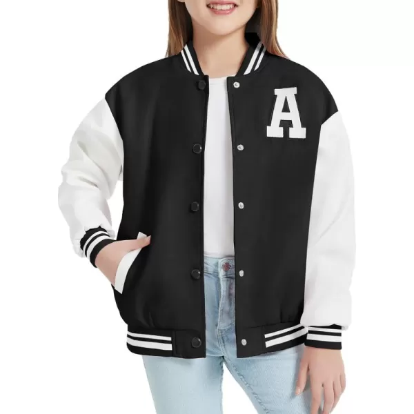Mebius Girls Varsity Jacket Kids LeatherTweed Letterman Baseball Outerwear Stripe Trim Contrast Sleeve School CoatsBlack