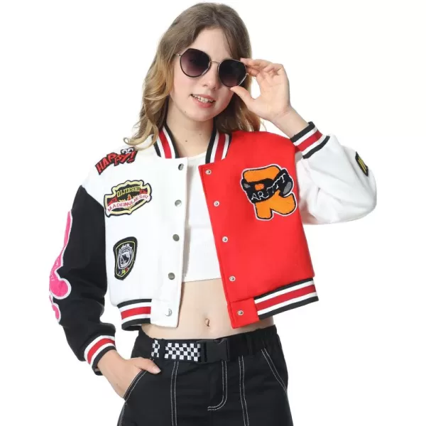 Mebius Girls Varsity Jacket Kids LeatherTweed Letterman Baseball Outerwear Stripe Trim Contrast Sleeve School CoatsBred