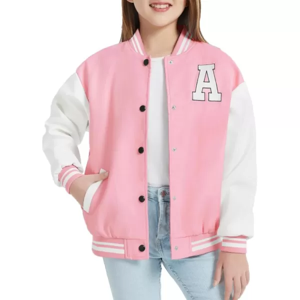 Mebius Girls Varsity Jacket Kids LeatherTweed Letterman Baseball Outerwear Stripe Trim Contrast Sleeve School CoatsPink