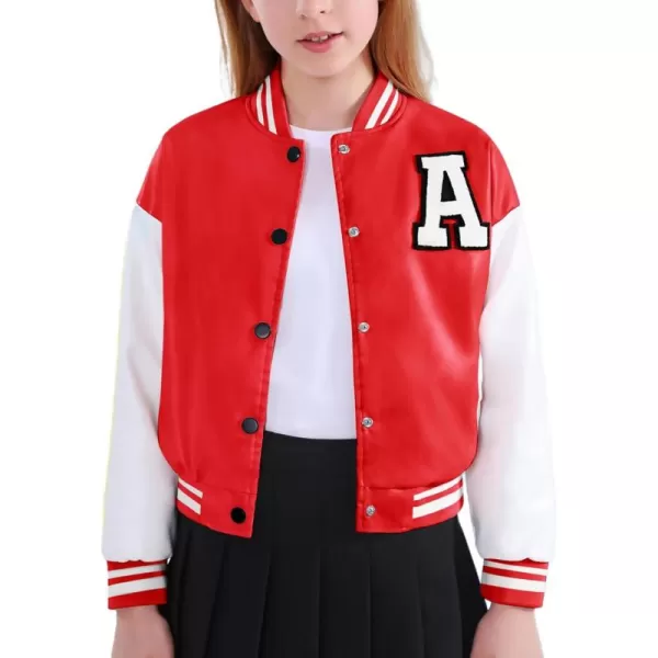 Mebius Girls Varsity Jacket Kids LeatherTweed Letterman Baseball Outerwear Stripe Trim Contrast Sleeve School CoatsRed