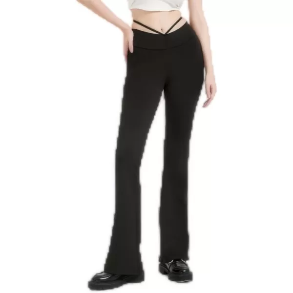 Womens Y2K Pants Flare Leggings Low Rise V Crossover Bootcut Yoga Pants Petite Casual WorkoutBlack With Pocket