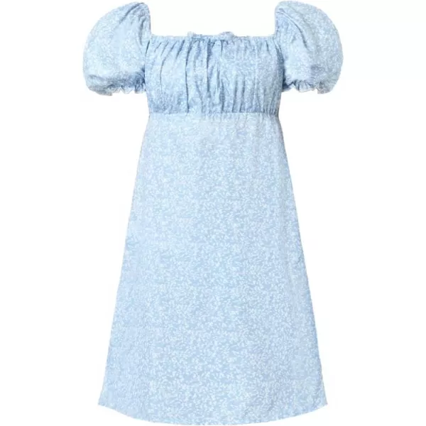 Mebius Girls Floral Print Dress Kids Puff Sleeve Square Neck Smocked Bow Front Short Sleeve Aline Dresses CasualBlue