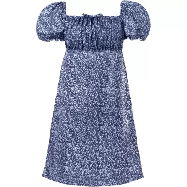 Mebius Girls Floral Print Dress Kids Puff Sleeve Square Neck Smocked Bow Front Short Sleeve Aline Dresses CasualDark Blue