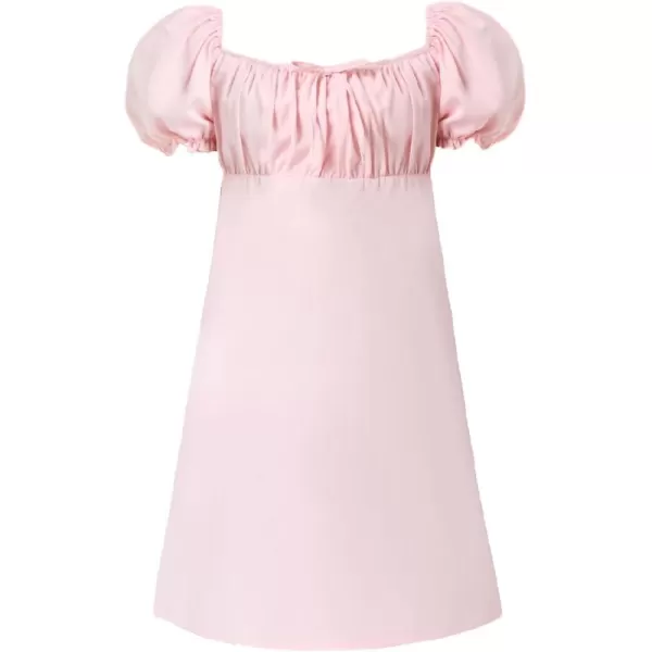 Mebius Girls Floral Print Dress Kids Puff Sleeve Square Neck Smocked Bow Front Short Sleeve Aline Dresses CasualPink