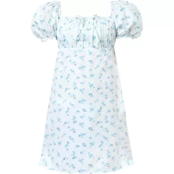 Mebius Girls Floral Print Dress Kids Puff Sleeve Square Neck Smocked Bow Front Short Sleeve Aline Dresses CasualWhite