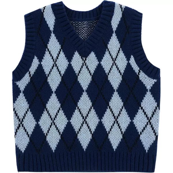 Mebius Girls Cute Preppy Sweater Vest Sleeveless V Neck Knit Casual School Plaid Checkered Strawberry Cropped TopBlue Argyle