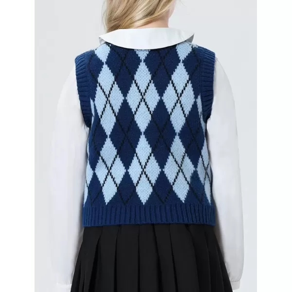 Mebius Girls Cute Preppy Sweater Vest Sleeveless V Neck Knit Casual School Plaid Checkered Strawberry Cropped TopBlue Argyle