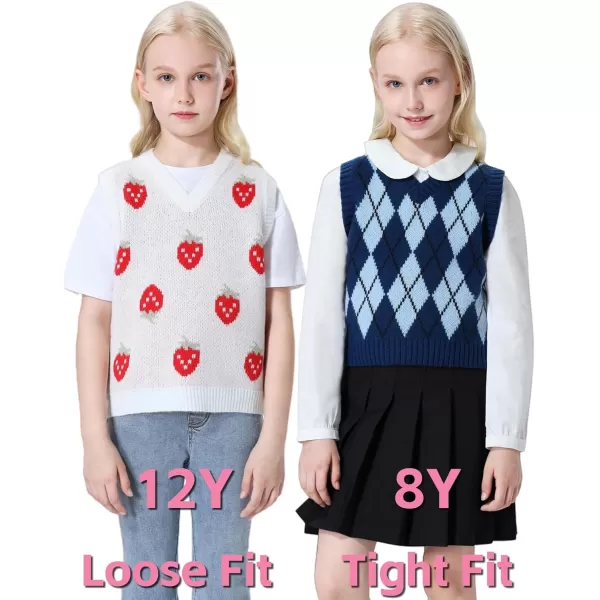 Mebius Girls Cute Preppy Sweater Vest Sleeveless V Neck Knit Casual School Plaid Checkered Strawberry Cropped TopBlue Argyle