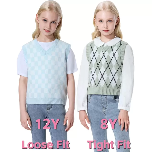 Mebius Girls Cute Preppy Sweater Vest Sleeveless V Neck Knit Casual School Plaid Checkered Strawberry Cropped TopBlue Checkered