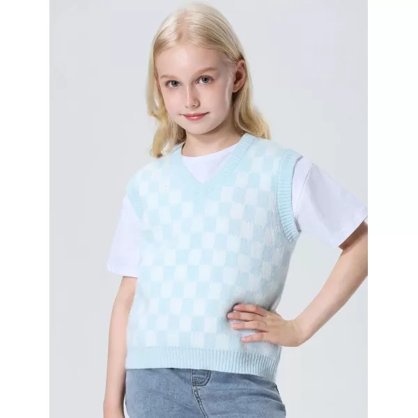 Mebius Girls Cute Preppy Sweater Vest Sleeveless V Neck Knit Casual School Plaid Checkered Strawberry Cropped TopBlue Checkered