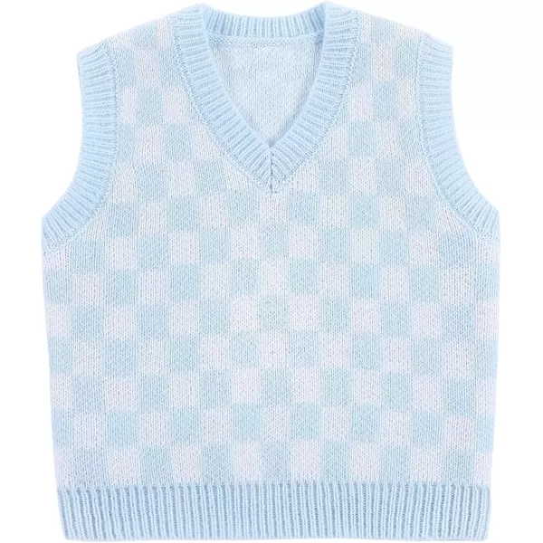 Mebius Girls Cute Preppy Sweater Vest Sleeveless V Neck Knit Casual School Plaid Checkered Strawberry Cropped TopBlue Checkered