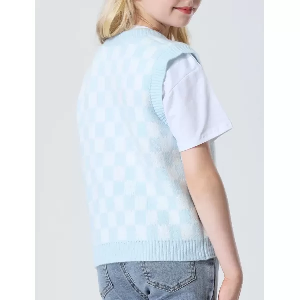 Mebius Girls Cute Preppy Sweater Vest Sleeveless V Neck Knit Casual School Plaid Checkered Strawberry Cropped TopBlue Checkered