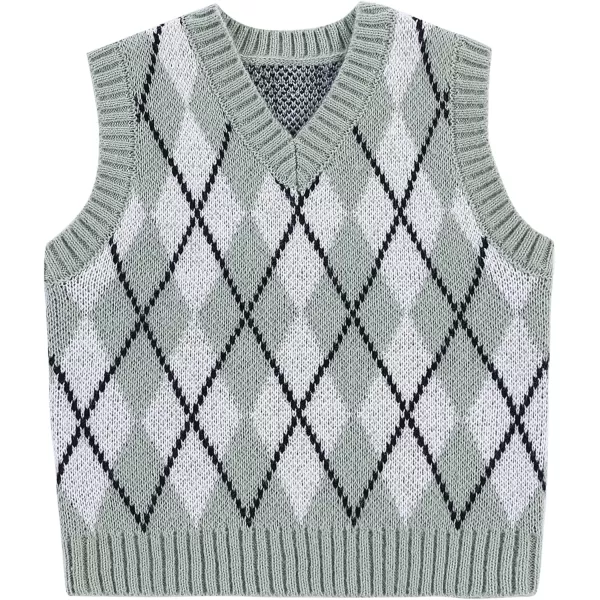 Mebius Girls Cute Preppy Sweater Vest Sleeveless V Neck Knit Casual School Plaid Checkered Strawberry Cropped TopGreen Argyle