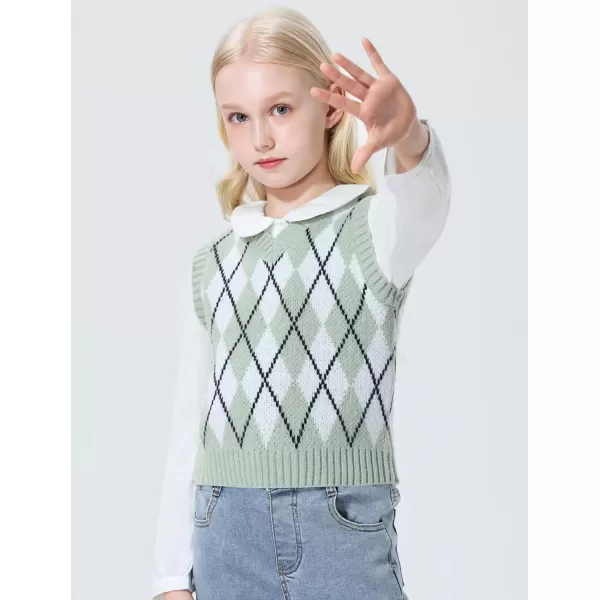 Mebius Girls Cute Preppy Sweater Vest Sleeveless V Neck Knit Casual School Plaid Checkered Strawberry Cropped TopGreen Argyle
