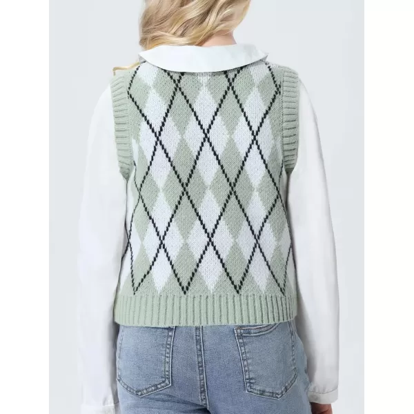 Mebius Girls Cute Preppy Sweater Vest Sleeveless V Neck Knit Casual School Plaid Checkered Strawberry Cropped TopGreen Argyle