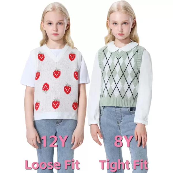 Mebius Girls Cute Preppy Sweater Vest Sleeveless V Neck Knit Casual School Plaid Checkered Strawberry Cropped TopGreen Argyle